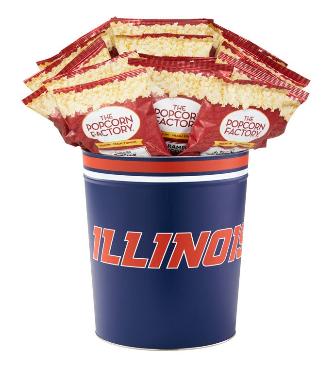 3 Gallon University of Illinois Popcorn Tin with 15 Bags of Popcorn